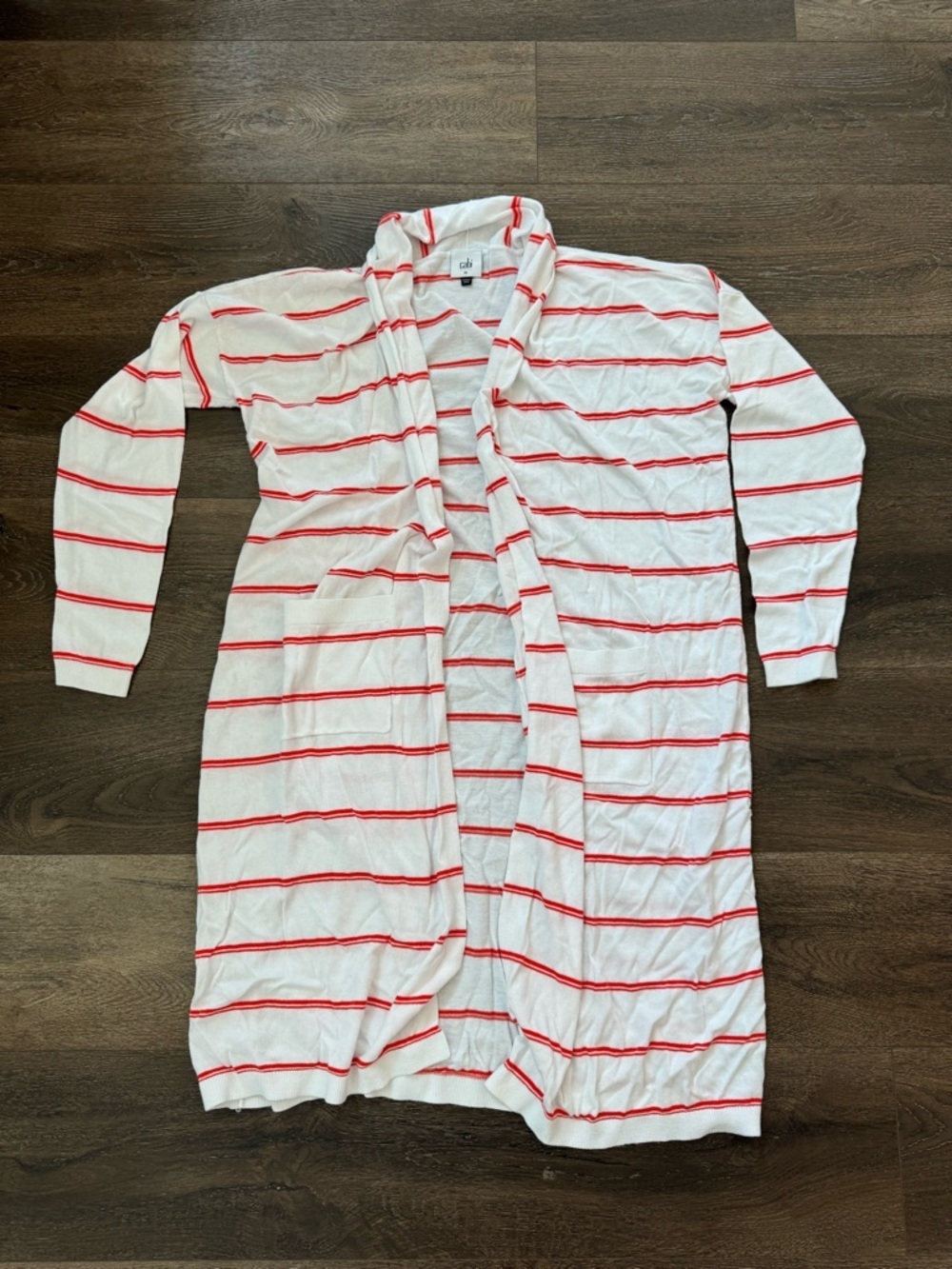 Cabi White & Red Stripe long Cardigan size medium